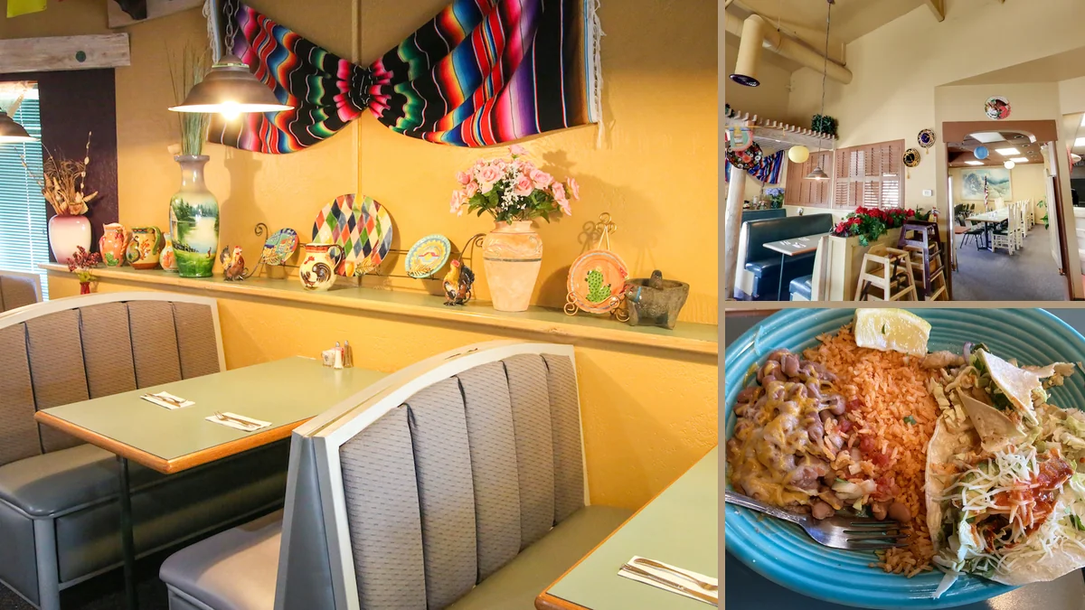 Colorful plates and drinks on a restaurant table